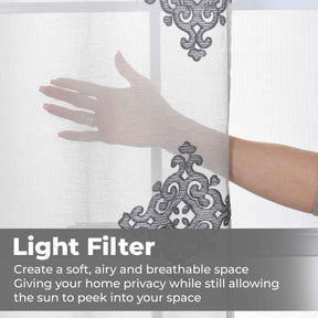 Traditional Embroidered Damask Sheer Grommet Curtain Panel Set