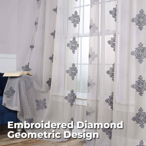 Traditional Embroidered Damask Sheer Grommet Curtain Panel Set