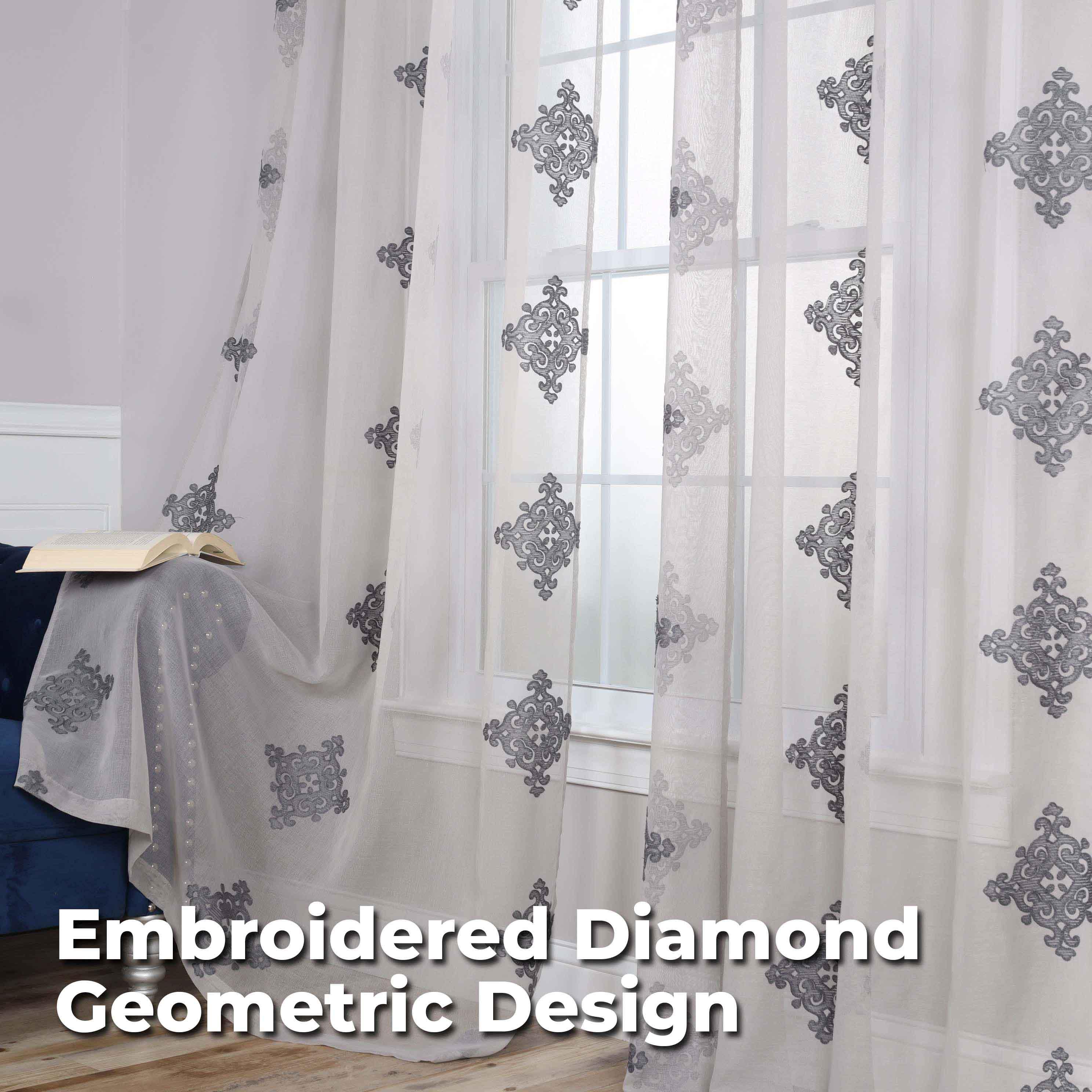 Traditional Embroidered Damask Sheer Grommet Curtain Panel Set