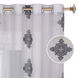Traditional Embroidered Damask Sheer Grommet Curtain Panel Set