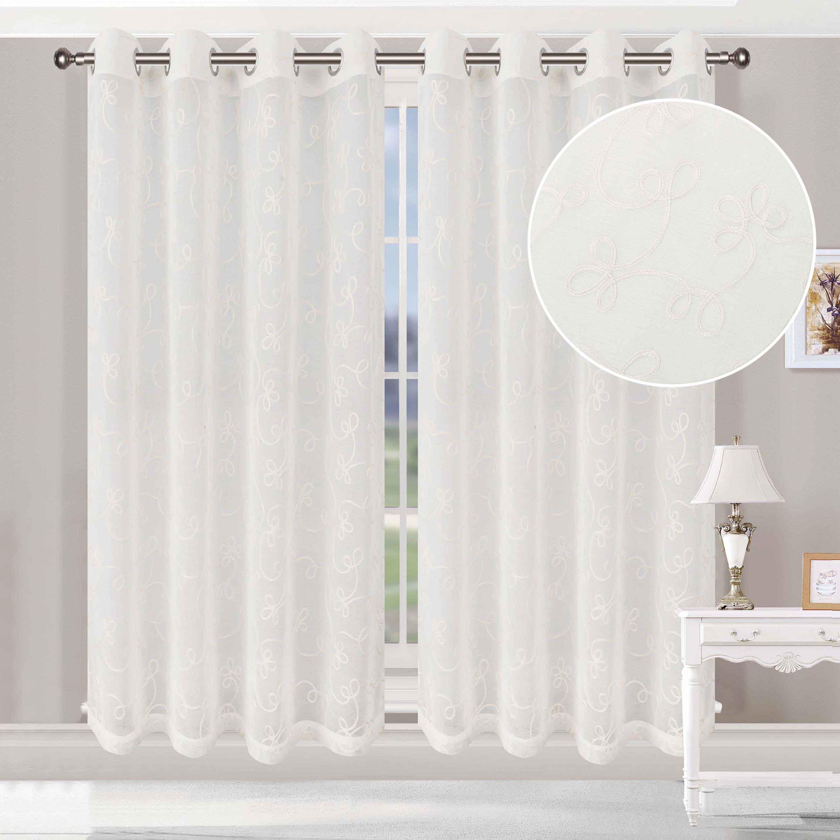 Traditional Embroidered Scroll Sheer Grommet Curtain Panel Set