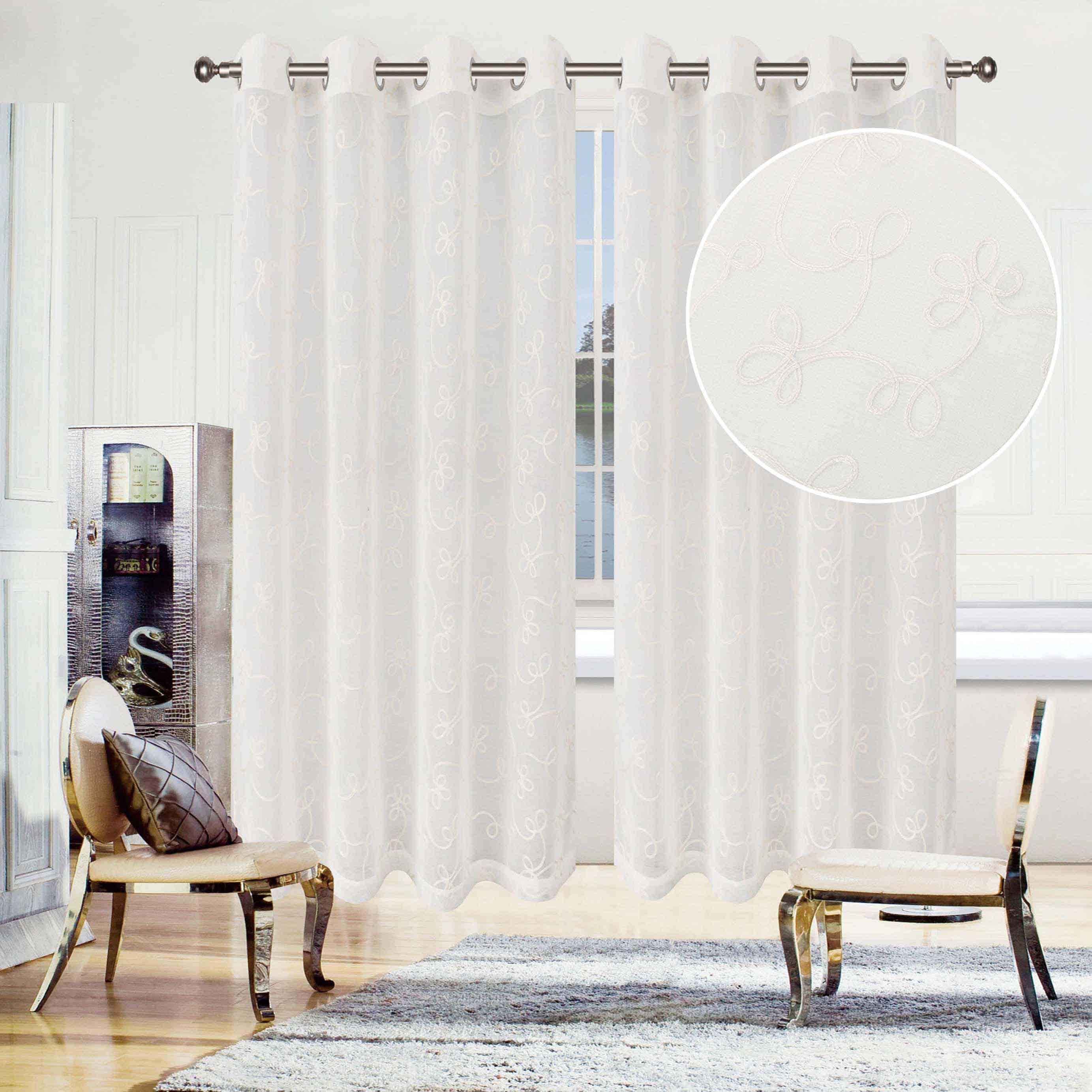 Traditional Embroidered Scroll Sheer Grommet Curtain Panel Set