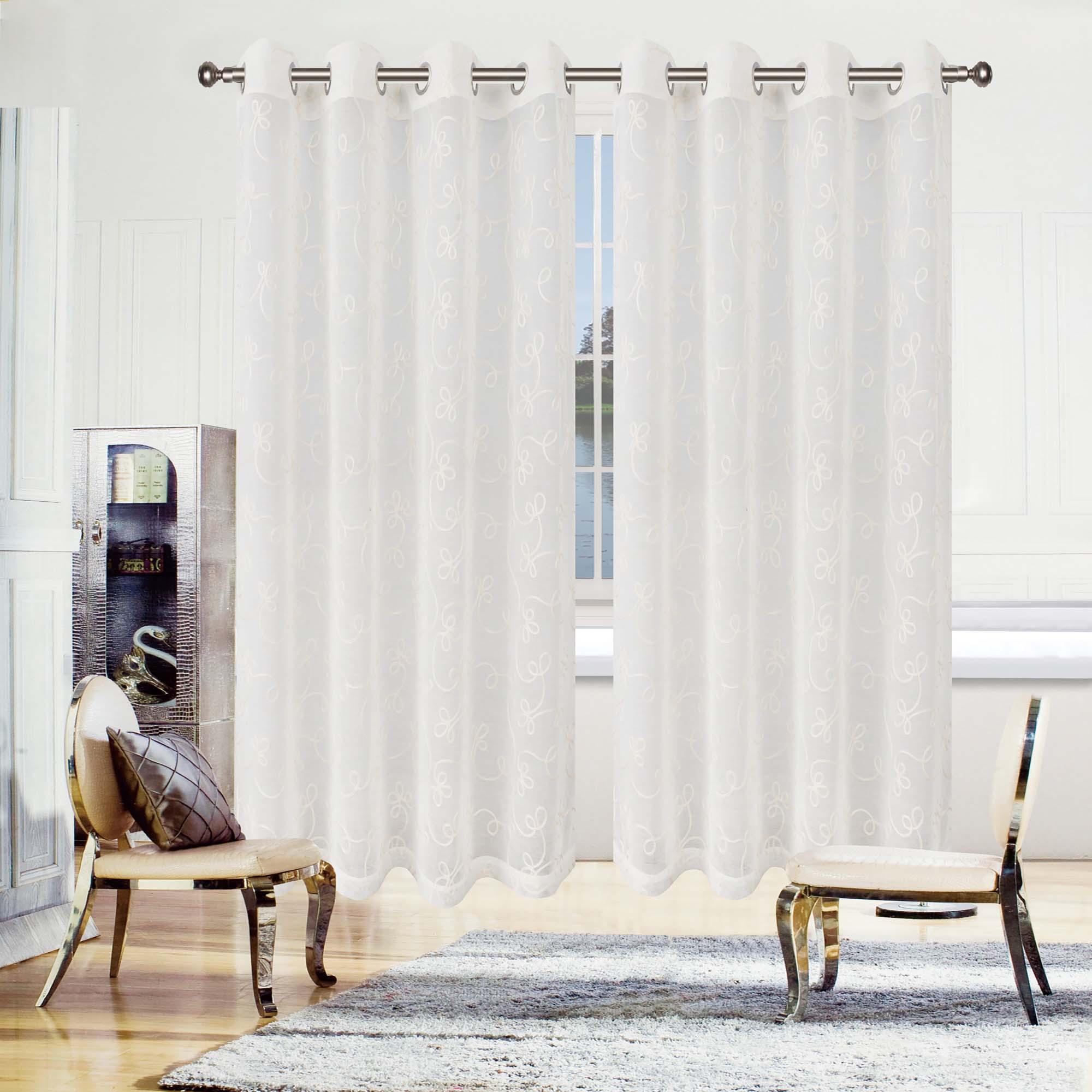 Traditional Embroidered Scroll Sheer Grommet Curtain Panel Set