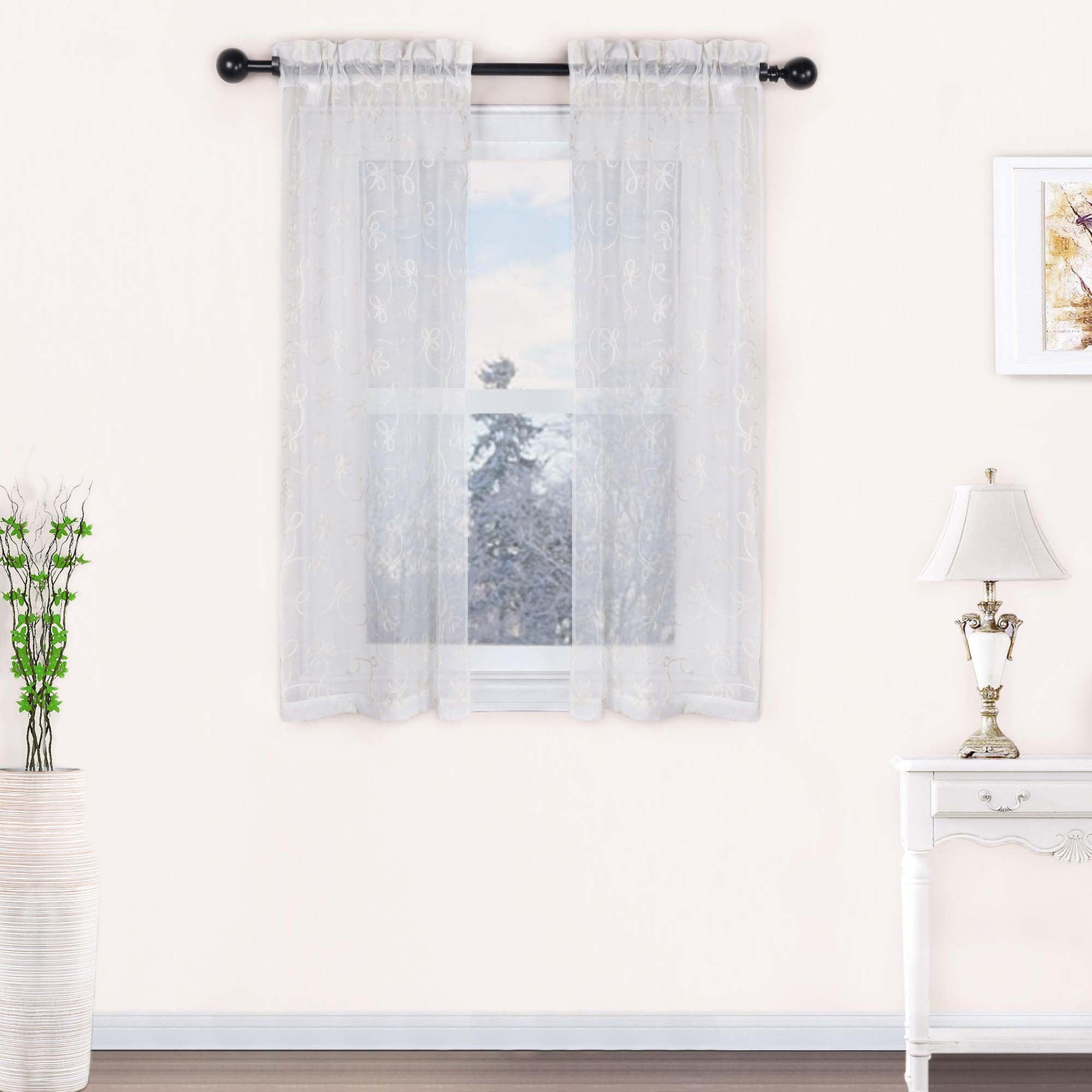Traditional Embroidered Scroll Sheer Grommet Curtain Panel Set