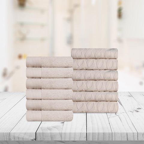 Turkish Cotton Jacquard Herringbone and Solid 12 Piece Face Towel Set