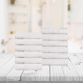 Turkish Cotton Jacquard Herringbone and Solid 12 Piece Face Towel Set