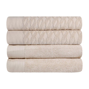 Turkish Cotton Jacquard Herringbone and Solid 4 Piece Bath Towel Set