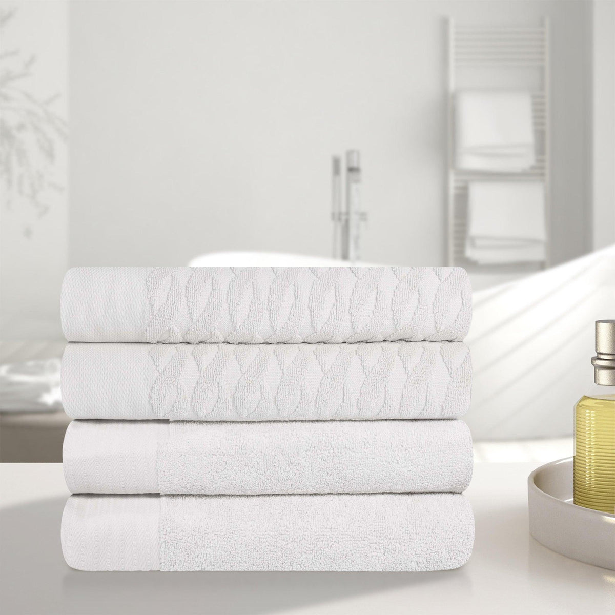 Turkish Cotton Jacquard Herringbone and Solid 4 Piece Bath Towel Set