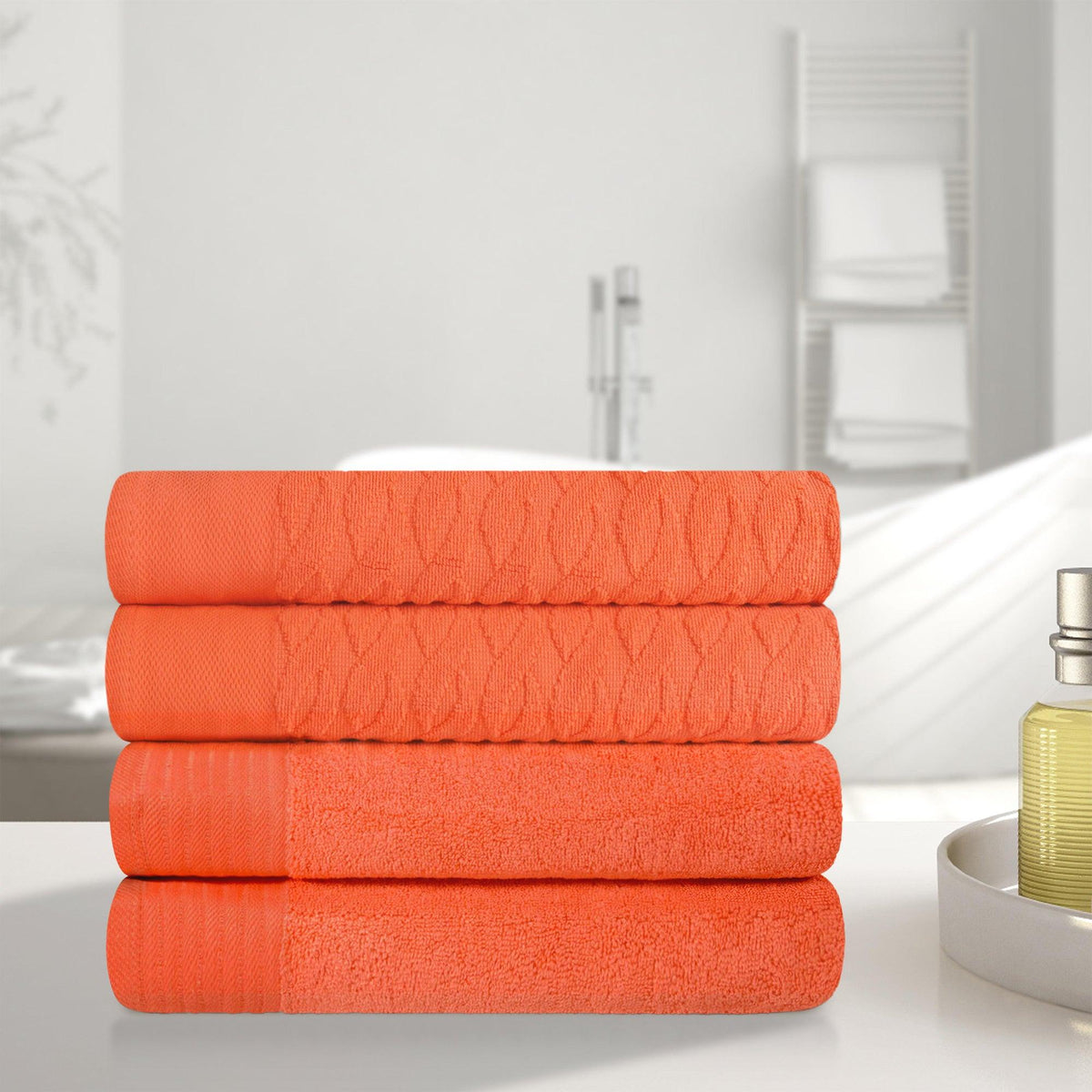 Turkish Cotton Jacquard Herringbone and Solid 4 Piece Bath Towel Set