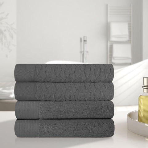 Turkish Cotton Jacquard Herringbone and Solid 4 Piece Bath Towel Set