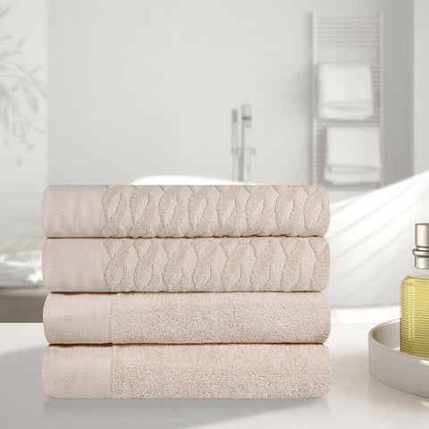 Turkish Cotton Jacquard Herringbone and Solid 4 Piece Bath Towel Set