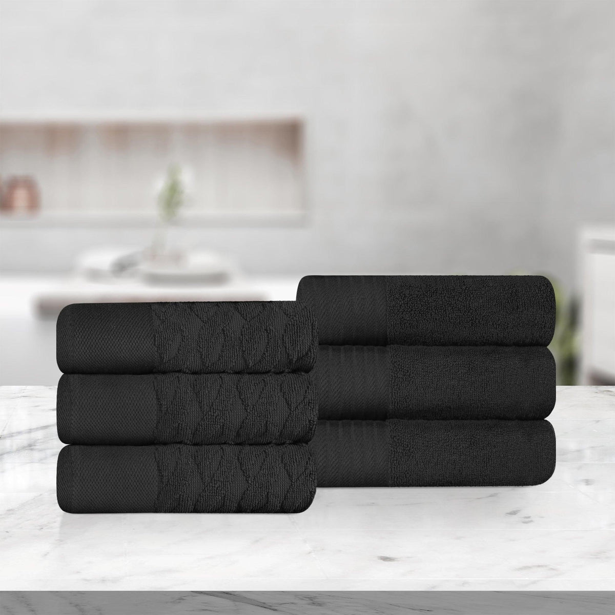 Turkish Cotton Jacquard Herringbone and Solid 6 Piece Hand Towel Set