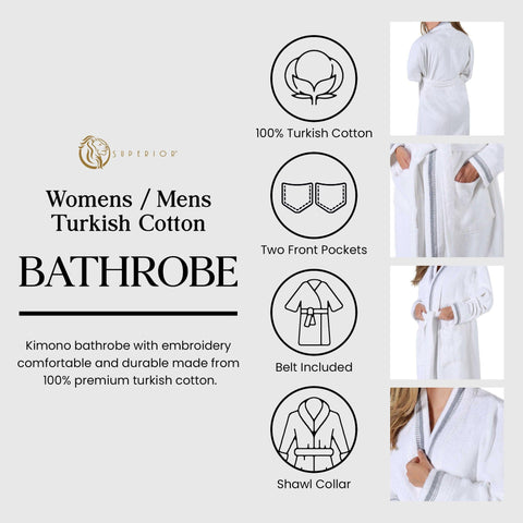 Turkish Cotton Terry Kimono Embroidered Super-Soft Unisex Bathrobe