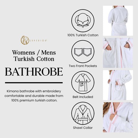 Turkish Cotton Terry Kimono Embroidered Super-Soft Unisex Bathrobe