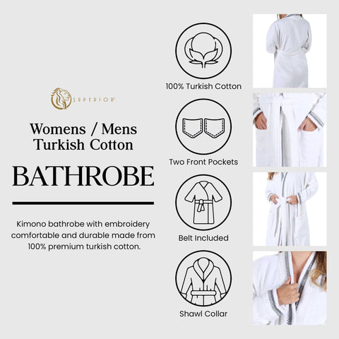 Turkish Cotton Terry Kimono Embroidered Super-Soft Unisex Bathrobe