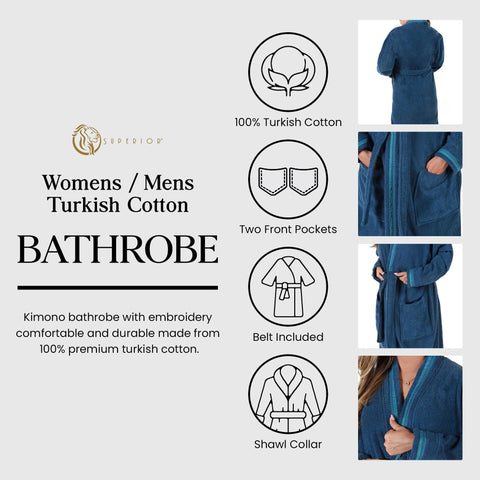 Turkish Cotton Terry Kimono Embroidered Super-Soft Unisex Bathrobe