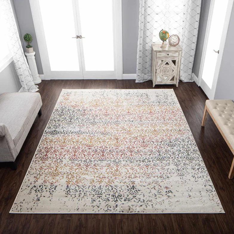 Ulani Distressed Modern Damask Indoor Area Rug Or Runner Bone