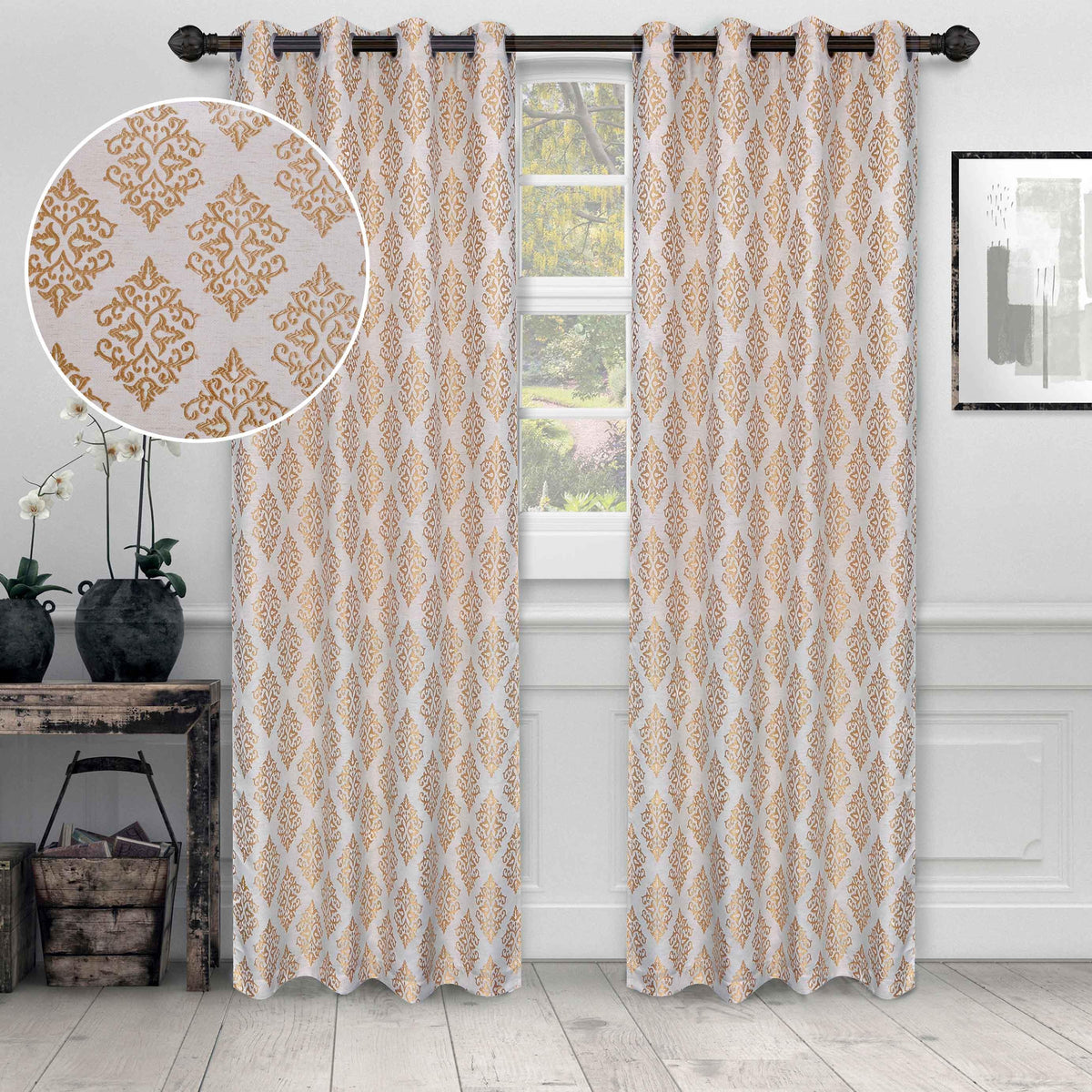 Venetian Damask Jacquard Grommet Traditional Curtain Panel Set