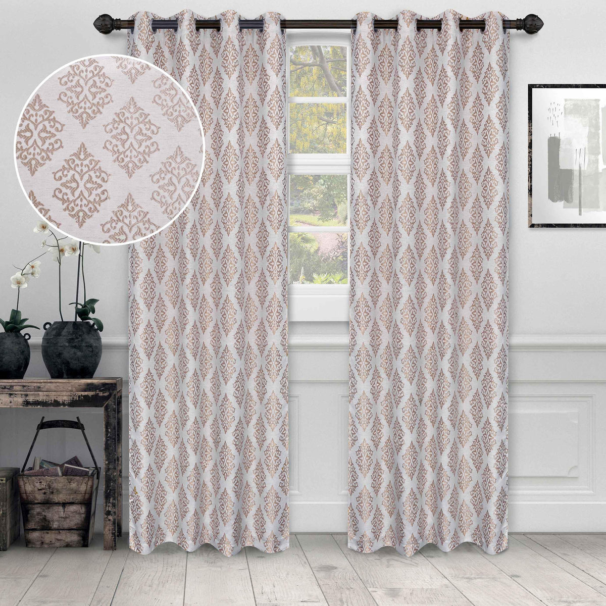 Venetian Damask Jacquard Grommet Traditional Curtain Panel Set