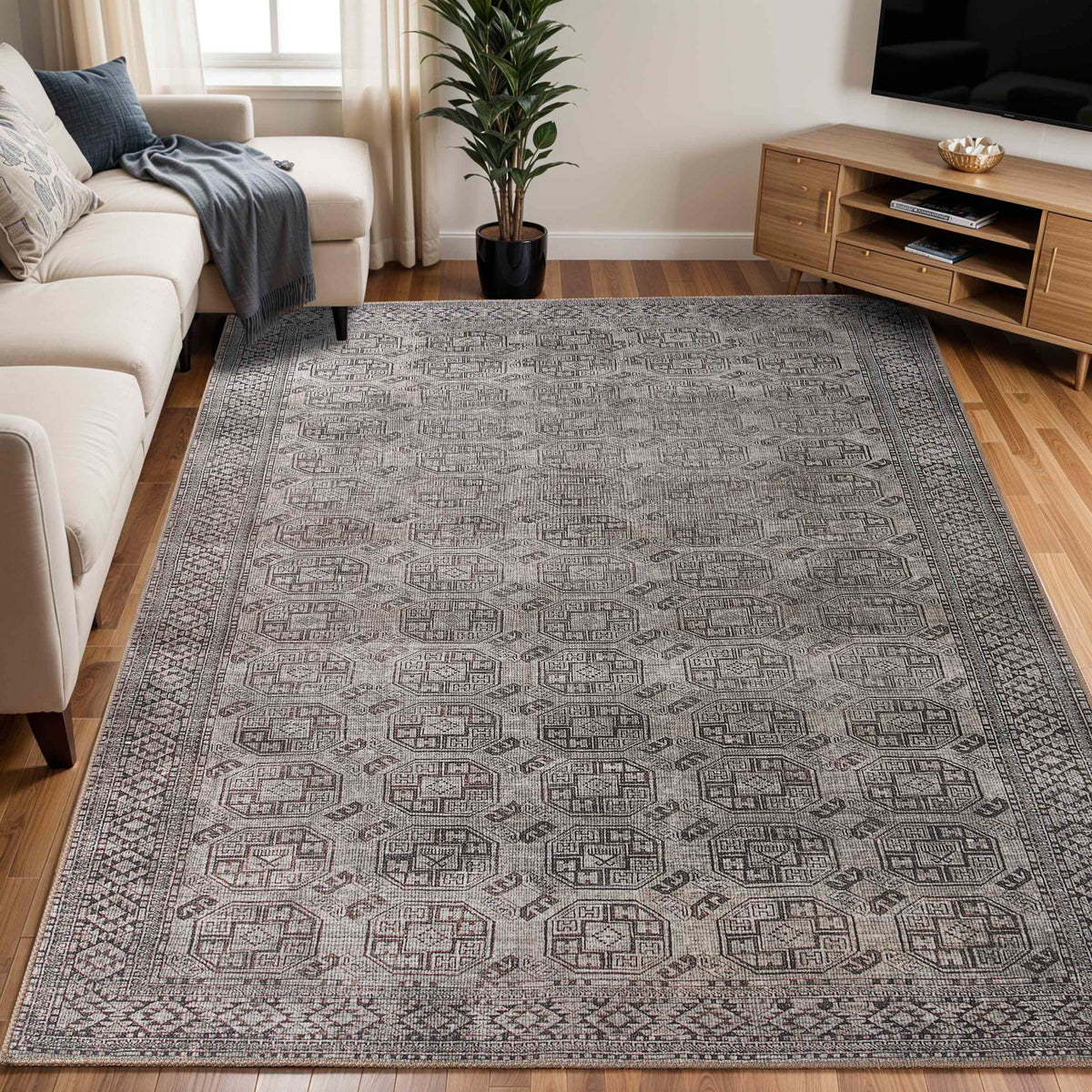 Vintage Oriental Geometric Power-Loomed Indoor Area Rug