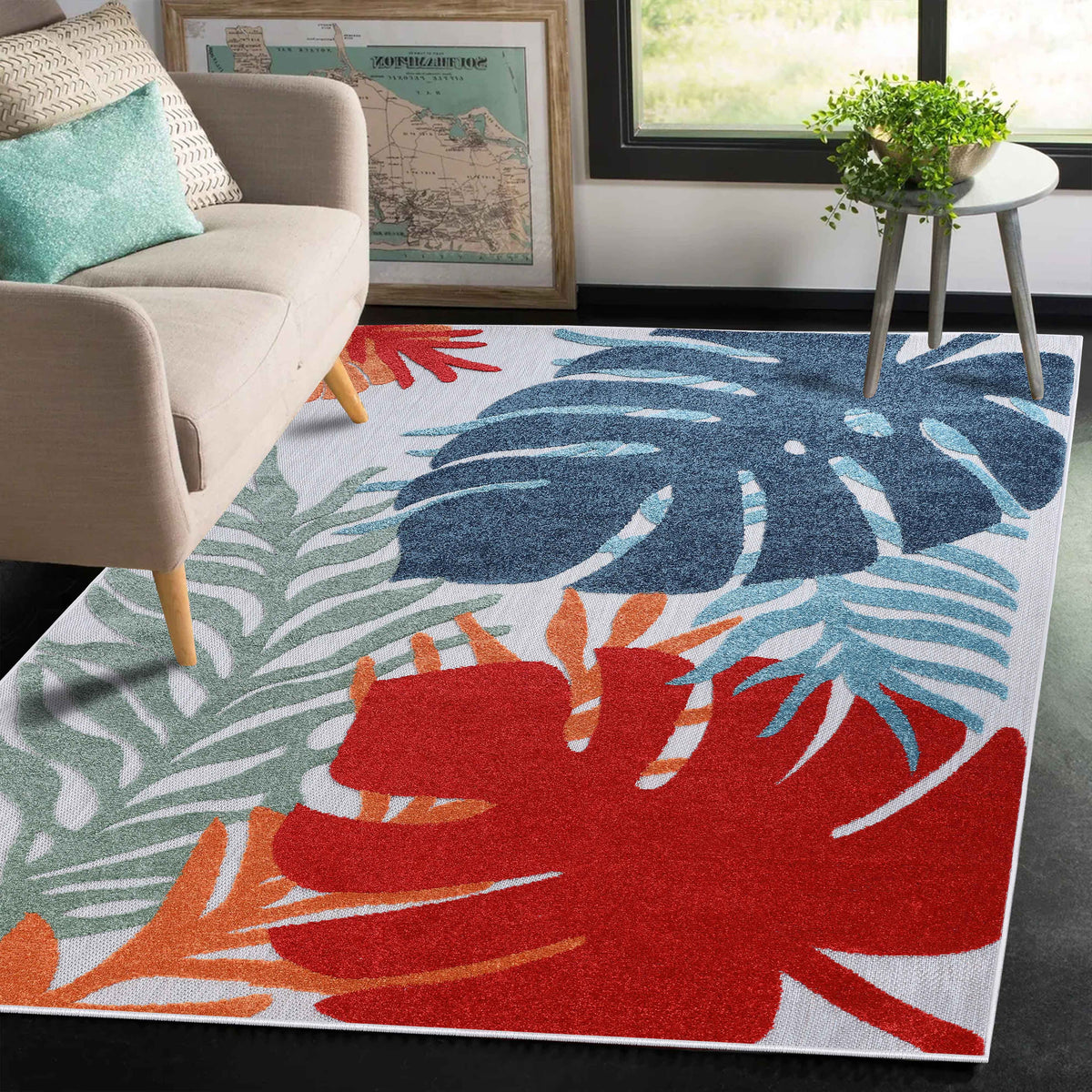 Waikiki Oversized Tropical Leaves Coastal Area Rug Indoor Outdoor Rugs