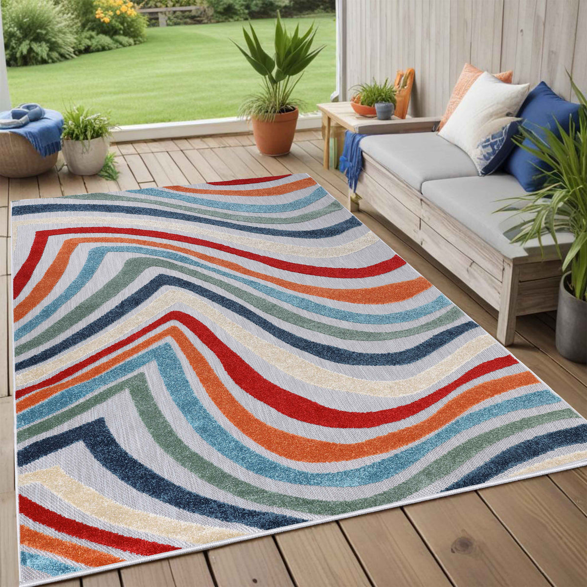 Wave Coastal Striped Area Rug Modern Multicolor Indoor Outdoor Rugs