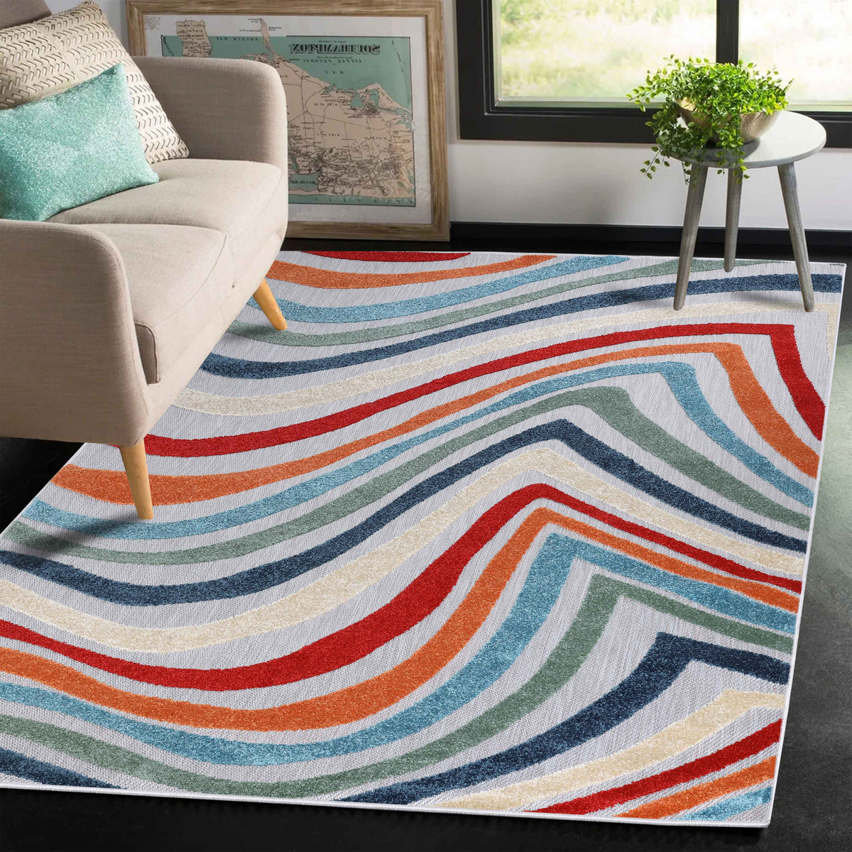 Wave Coastal Striped Area Rug Modern Multicolor Indoor Outdoor Rugs