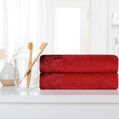 Wisteria Cotton Floral Jacquard Border Bath Towels, Set of 2
