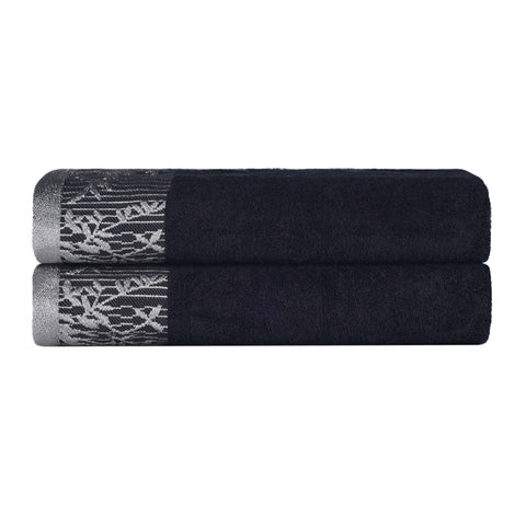Wisteria Cotton Floral Jacquard Border Bath Towels, Set of 2