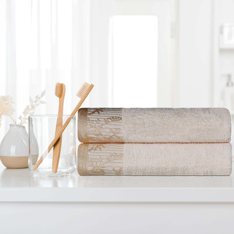 Wisteria Cotton Floral Jacquard Border Bath Towels, Set of 2