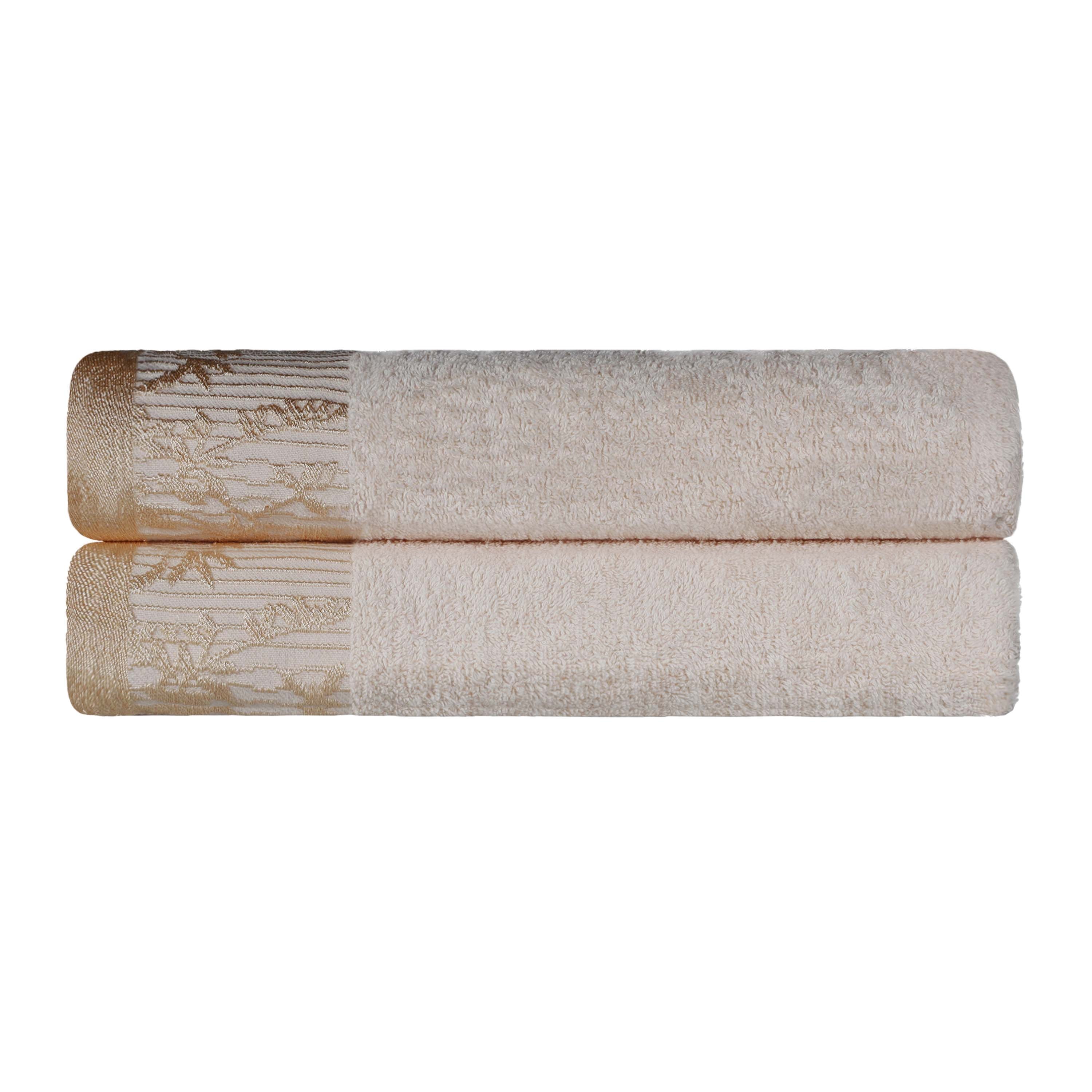 Wisteria Cotton Floral Jacquard Border Bath Towels, Set of 2