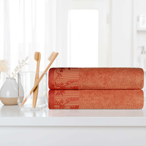 Wisteria Cotton Floral Jacquard Border Bath Towels, Set of 2