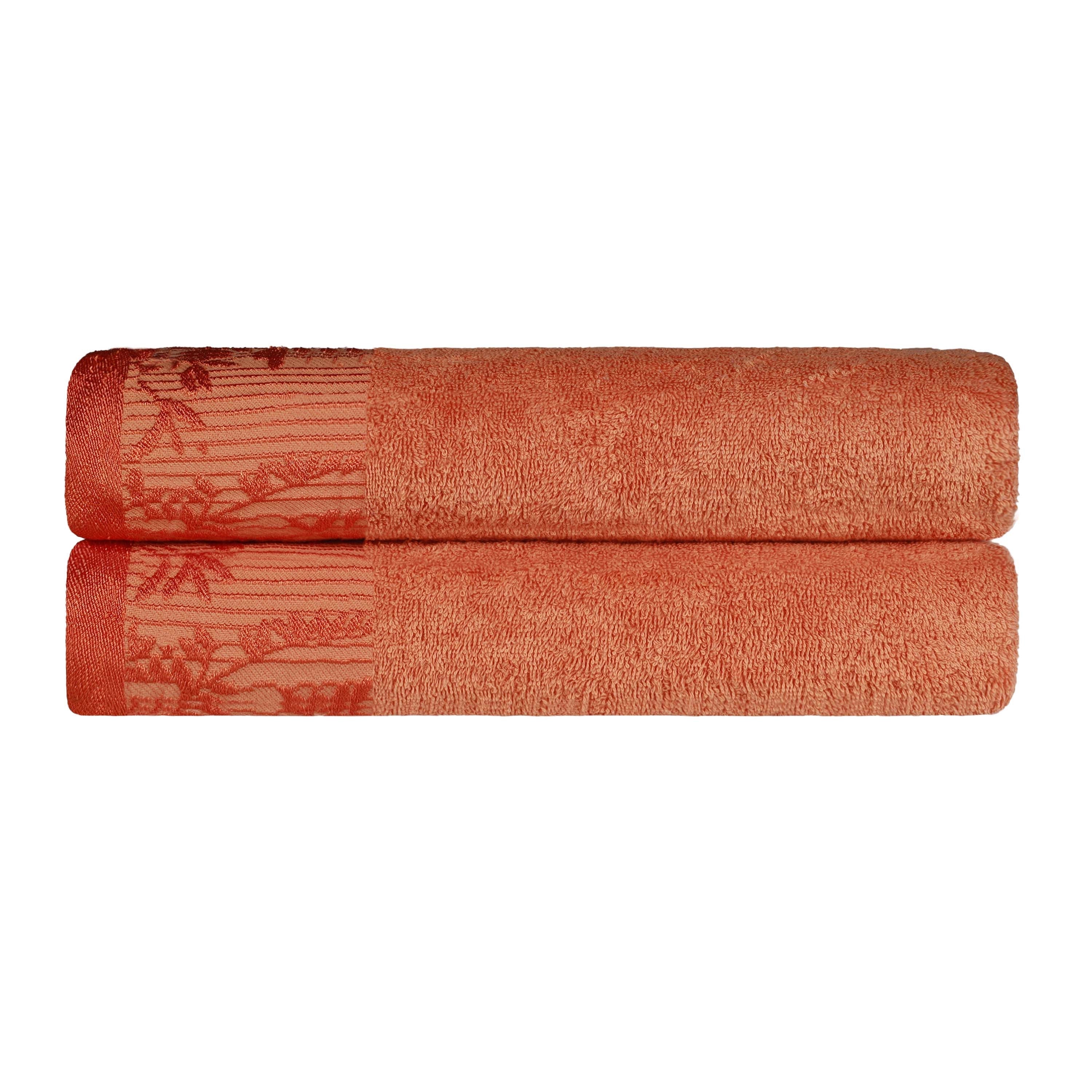 Wisteria Cotton Floral Jacquard Border Bath Towels, Set of 2