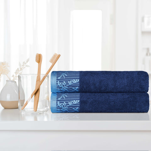Wisteria Cotton Floral Jacquard Border Bath Towels, Set of 2
