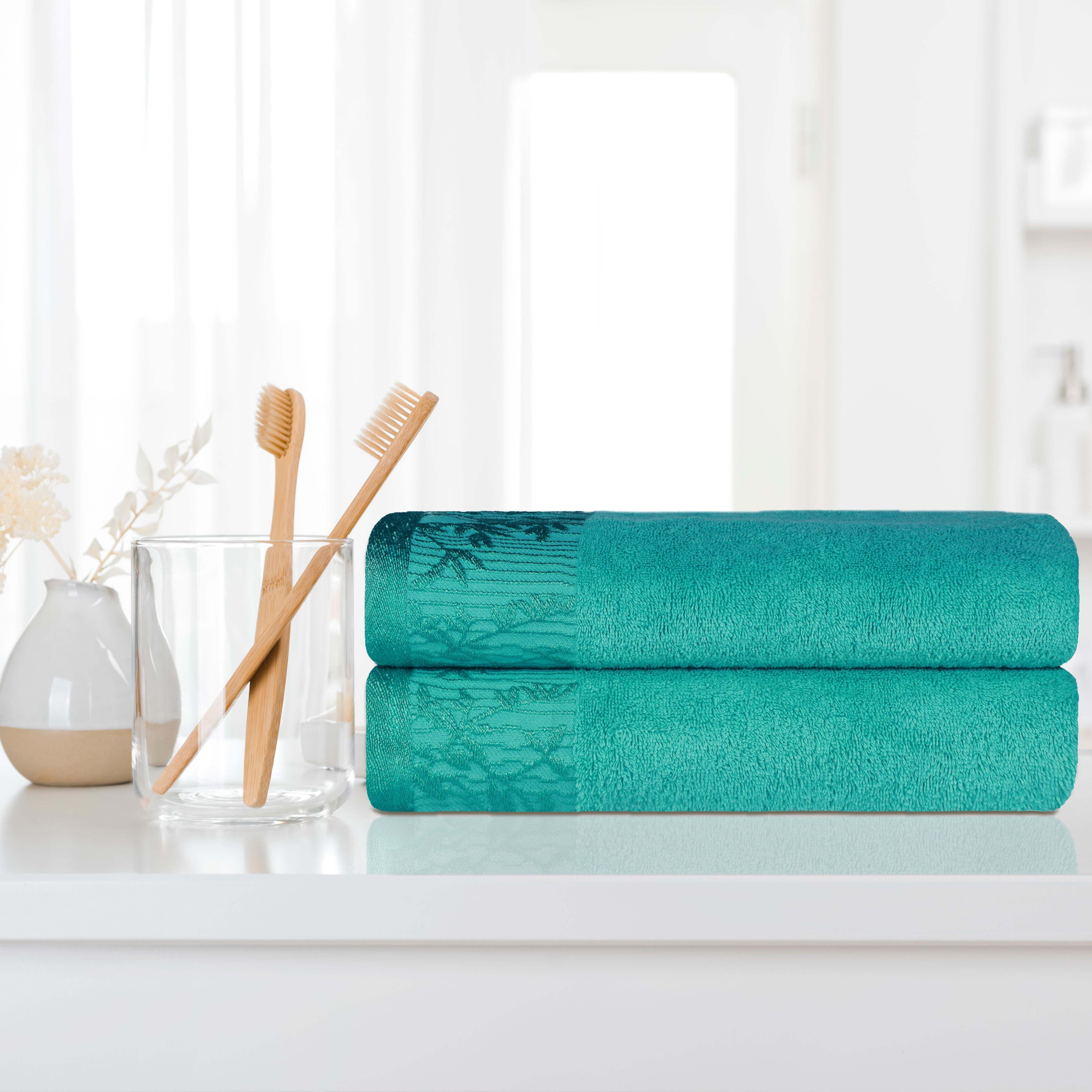 Wisteria Cotton Floral Jacquard Border Bath Towels, Set of 2
