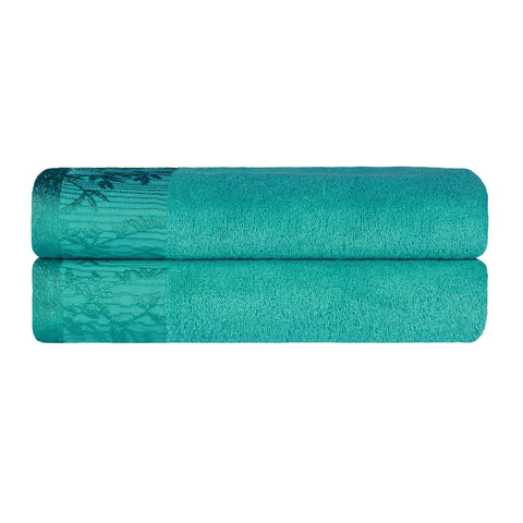 Wisteria Cotton Floral Jacquard Border Bath Towels, Set of 2