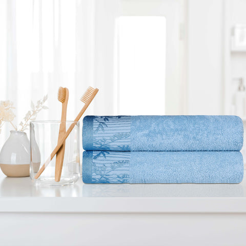 Wisteria Cotton Floral Jacquard Border Bath Towels, Set of 2