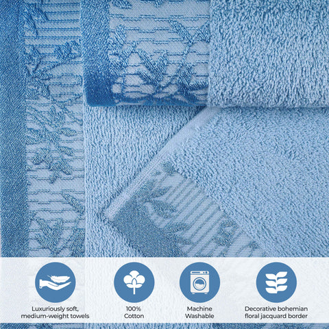 Wisteria Cotton Floral Jacquard Border Bath Towels, Set of 2