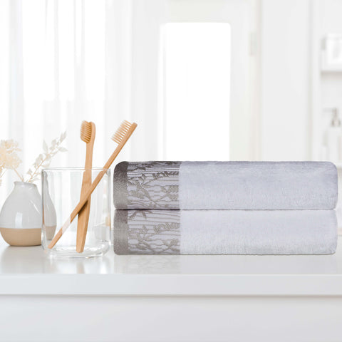 Wisteria Cotton Floral Jacquard Border Bath Towels, Set of 2