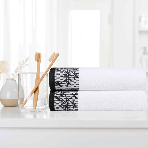 Wisteria Cotton Floral Jacquard Border Bath Towels, Set of 2