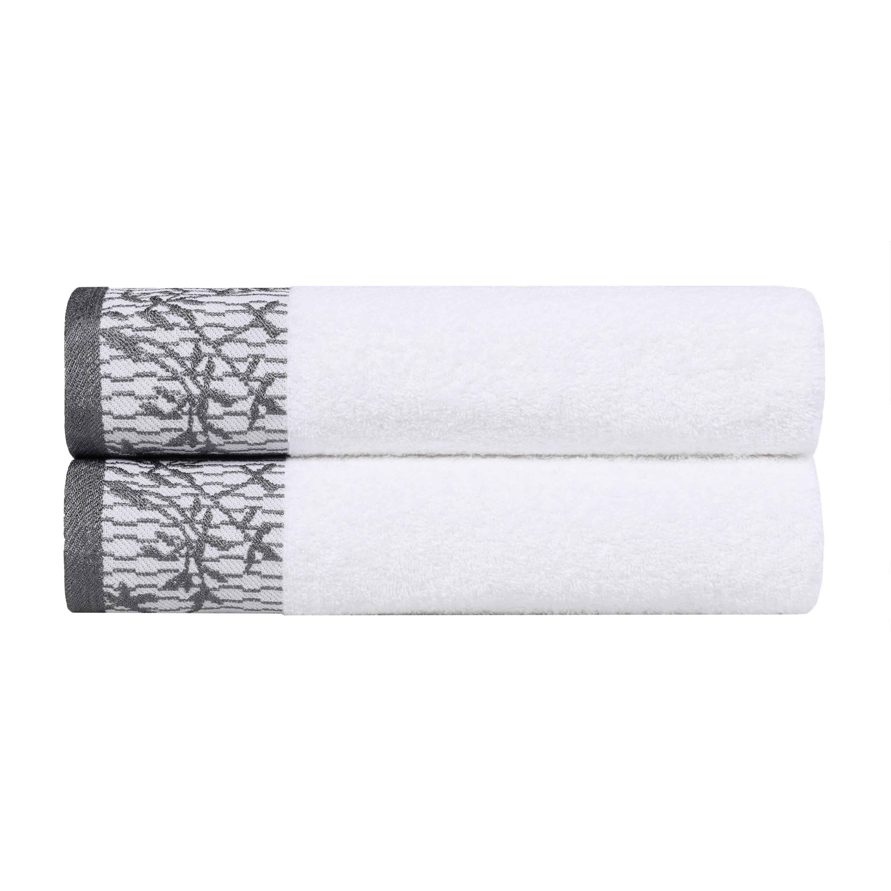 Wisteria Cotton Floral Jacquard Border Bath Towels, Set of 2