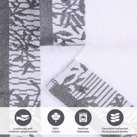 Wisteria Cotton Floral Jacquard Border Bath Towels, Set of 2