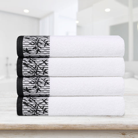 Cotton Floral Jacquard Border Bath Towel Set of 4 - Wisteria