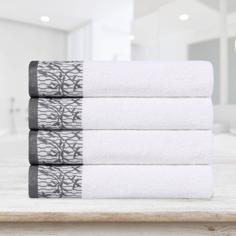 Cotton Floral Jacquard Border Bath Towel Set of 4 - Wisteria