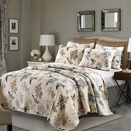 King size 3-Piece Quilt Bedspread Set in 100-Percent Cotton with Floral Birds Pattern - beddingbag.com