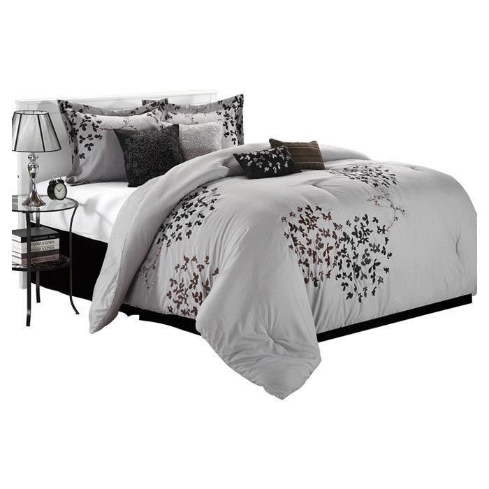 Queen size 8-Piece Comforter Set in Silver Gray Black Brown Floral