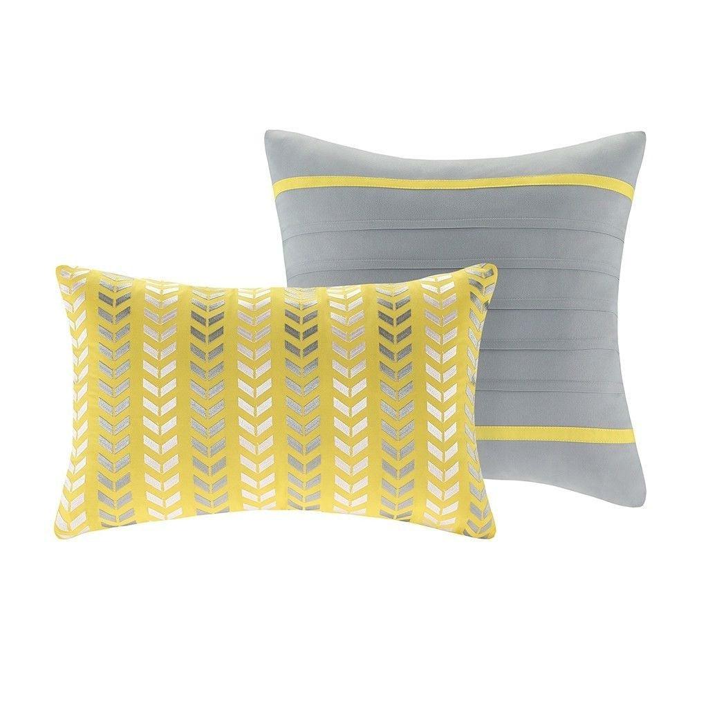 Full/Queen 5-Piece Chevron Stripes Comforter Set in Gray White Yellow - beddingbag.com