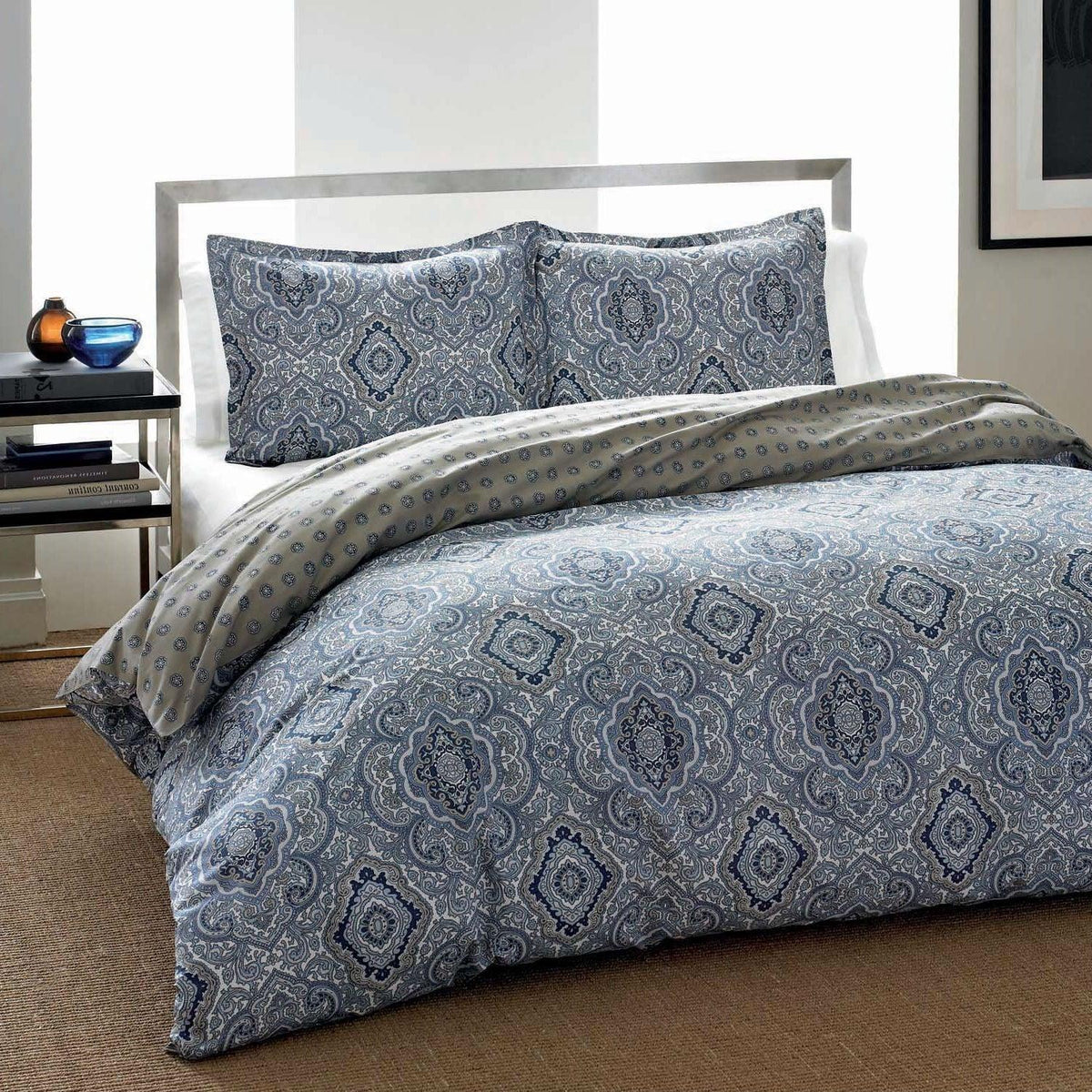 King 3-Piece Cotton Comforter Set with Blue Grey Damask Pattern