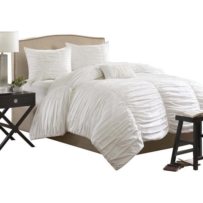 King size 4 Piece Comforter Set in Rouched White Cotton & Microsuede - beddingbag.com