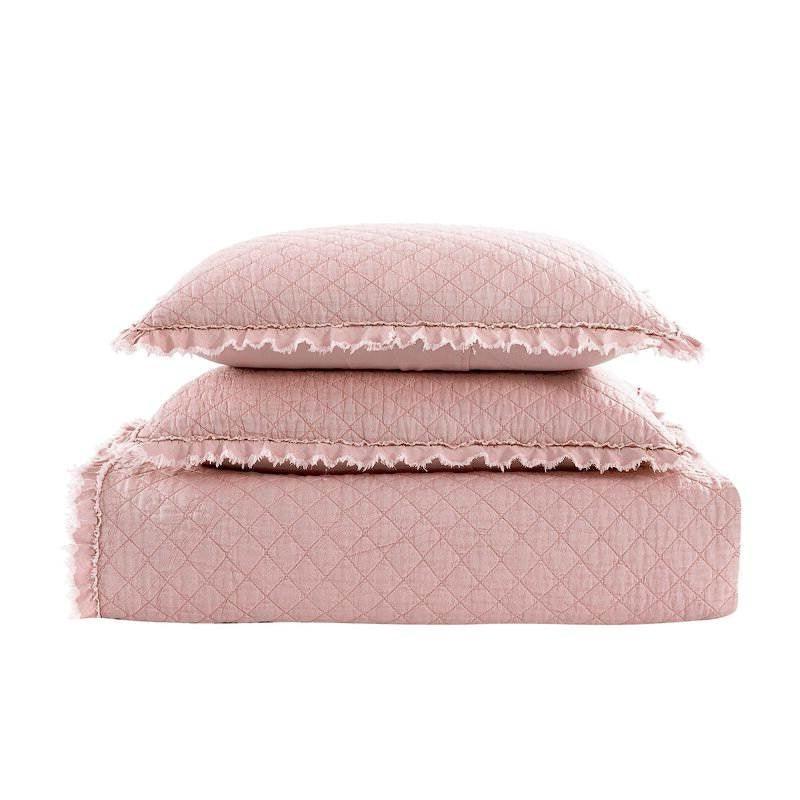 Full Queen Pink Microfiber Diamond Quilted Bedspread Set with Frayed Edges - beddingbag.com